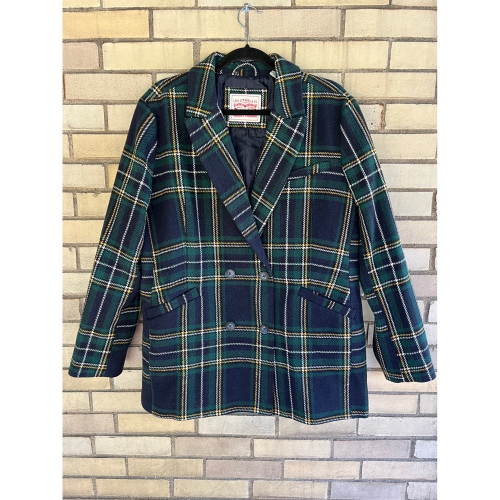 Levis Plaid Double Breasted Blazer Jacket Green Navy Rayon Cotton Wool Blend XL